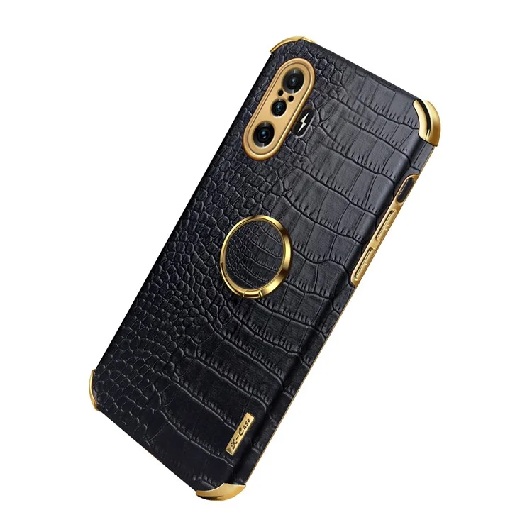 Anel Kickstand Design 6d Galvanoplado Textura De Couro Revestido De Couro Tpu Case De Telefone Para Xiaomi Redmi K40 Gaming - Preto