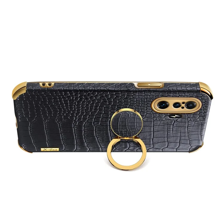 Anel Kickstand Design 6d Galvanoplado Textura De Couro Revestido De Couro Tpu Case De Telefone Para Xiaomi Redmi K40 Gaming - Preto