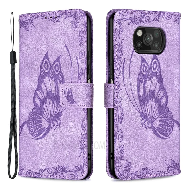 Imprint Butterfly Flower Leather Wallet Phone Case for Xiaomi Poco X3 - Purple