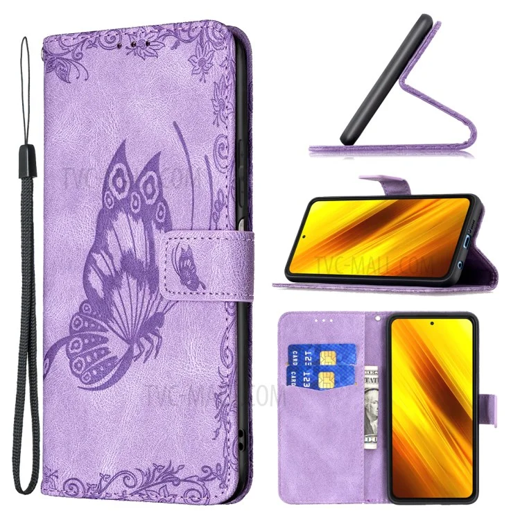 Imprint Butterfly Flower Leather Wallet Phone Case for Xiaomi Poco X3 - Purple