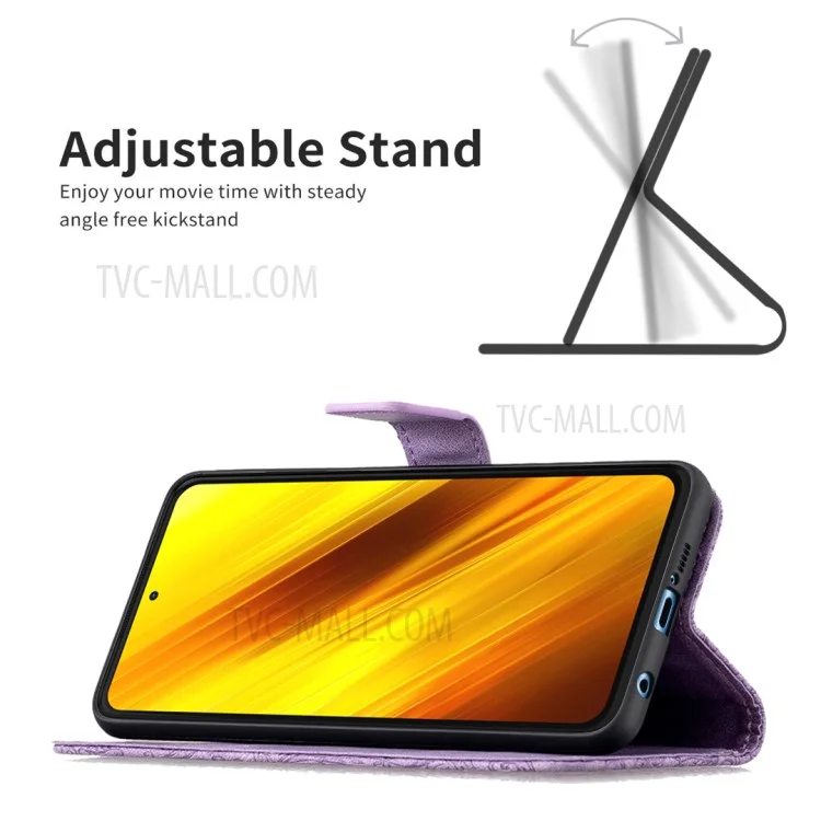 Imprint Butterfly Flower Leather Wallet Phone Case for Xiaomi Poco X3 - Purple