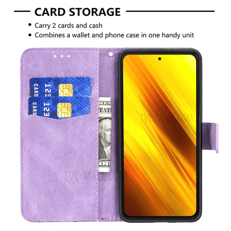 Imprint Butterfly Flower Leather Wallet Phone Case for Xiaomi Poco X3 - Purple