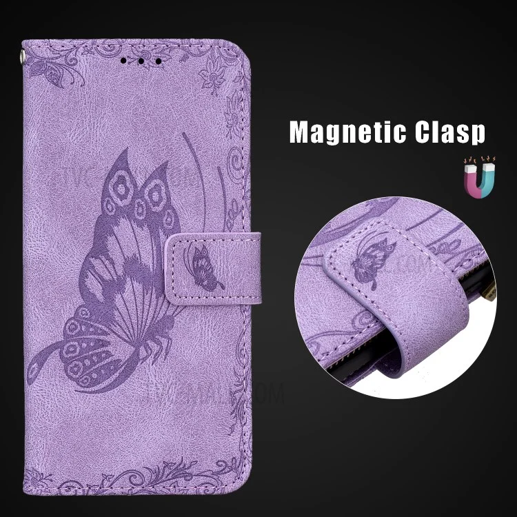 Imprint Butterfly Flower Leather Wallet Phone Case for Xiaomi Poco X3 - Purple