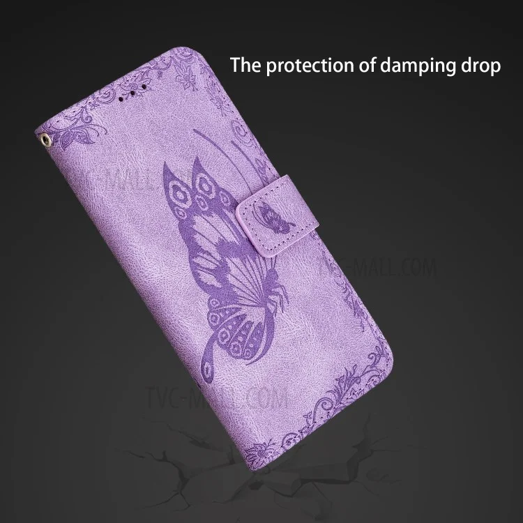 Imprint Butterfly Flower Leather Wallet Phone Case for Xiaomi Poco X3 - Purple