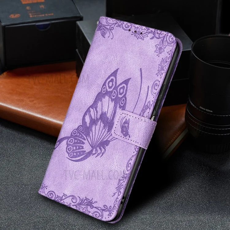 Imprint Butterfly Flower Leather Wallet Phone Case for Xiaomi Poco X3 - Purple