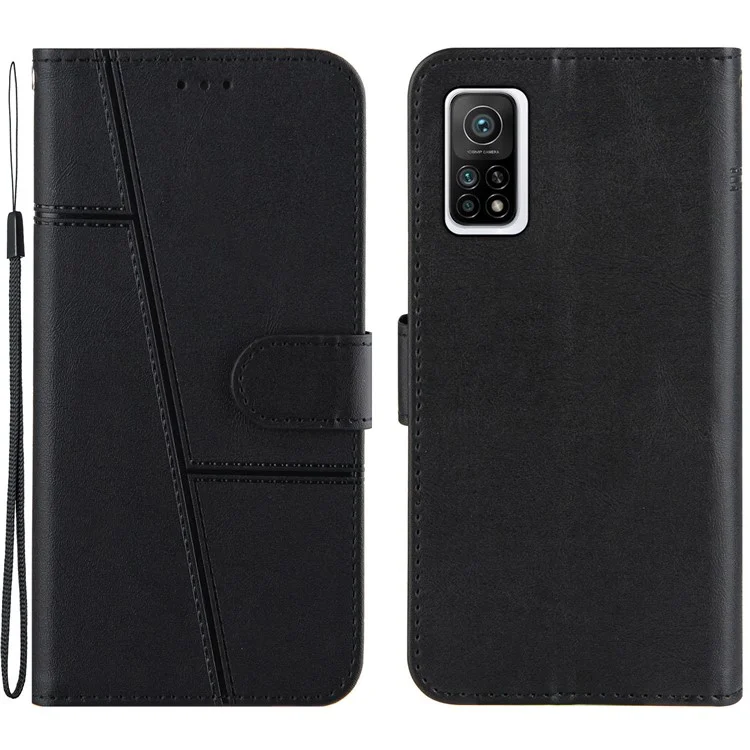 Concise Splicing Leather Phone Cover Wallet Stand Case for Xiaomi Mi 10T 5G/Mi 10T Pro 5G/Redmi K30S - Black