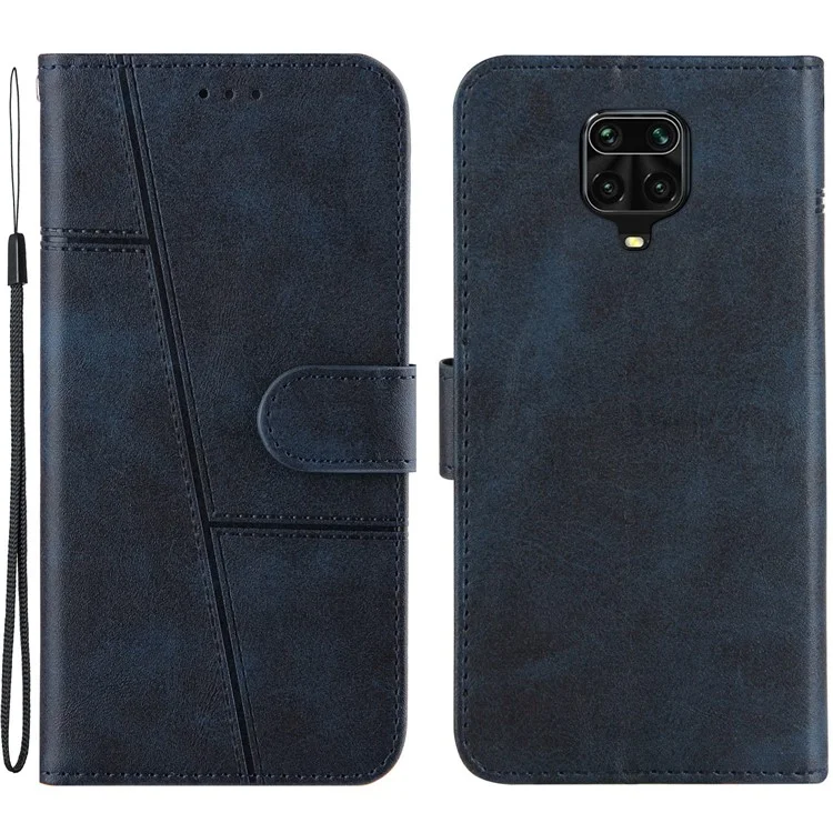 Concise Splicing Leather Phone Cover Case with Wallet Stand for Xiaomi Redmi Note 9S/9 Pro/9 Pro Max - Blue