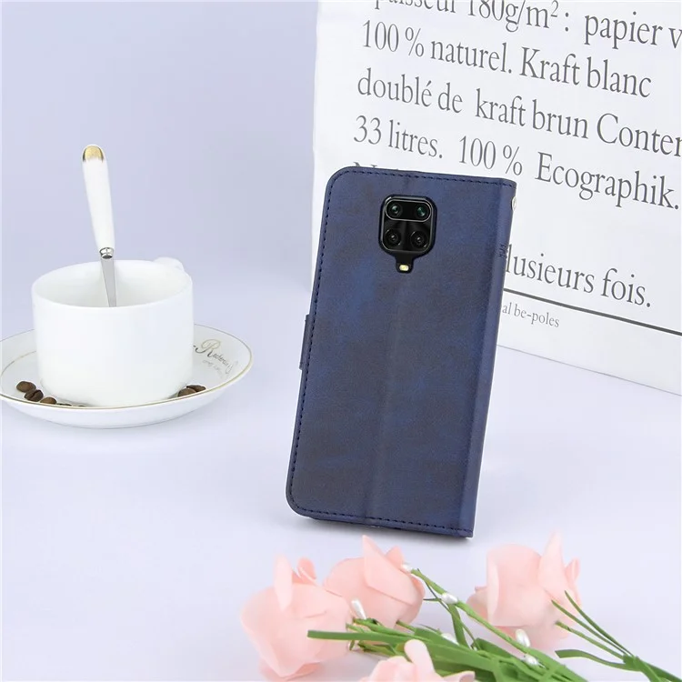 Concise Splicing Leather Phone Cover Case with Wallet Stand for Xiaomi Redmi Note 9S/9 Pro/9 Pro Max - Blue