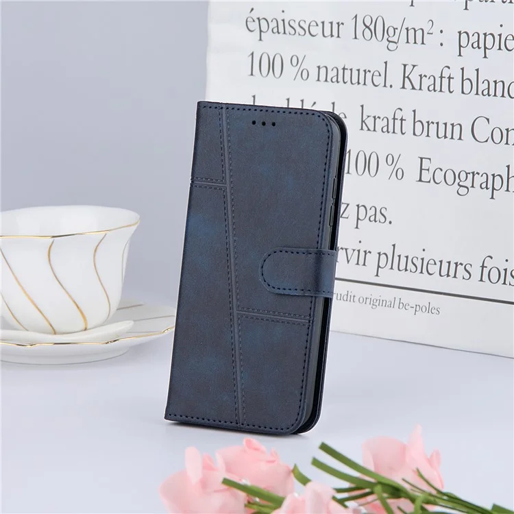 Concise Splicing Leather Phone Cover Case with Wallet Stand for Xiaomi Redmi Note 9S/9 Pro/9 Pro Max - Blue