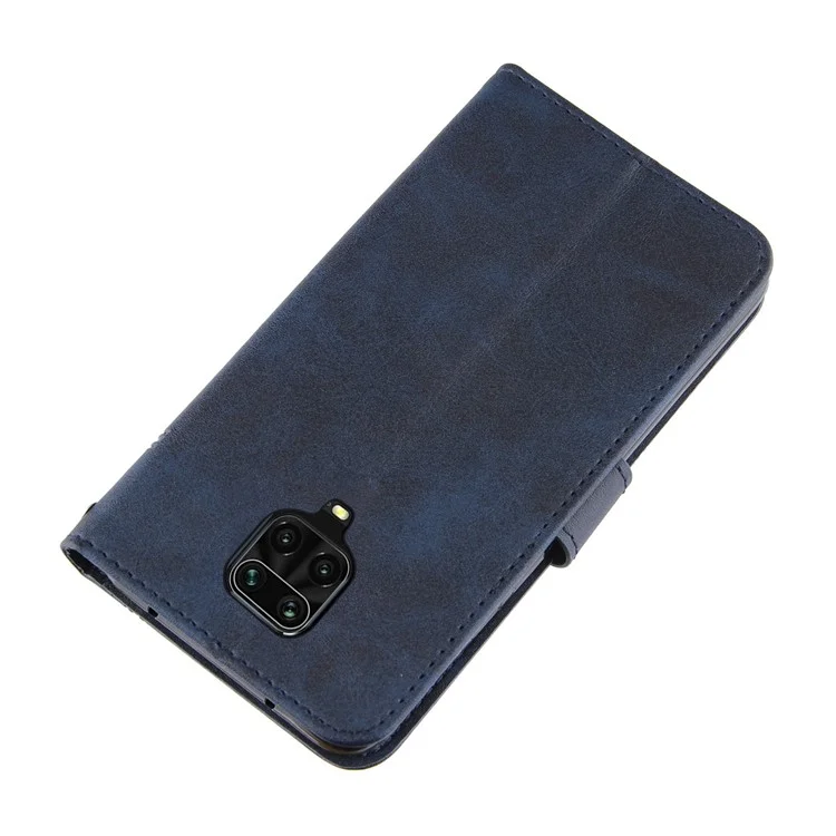 Concise Splicing Leather Phone Cover Case with Wallet Stand for Xiaomi Redmi Note 9S/9 Pro/9 Pro Max - Blue