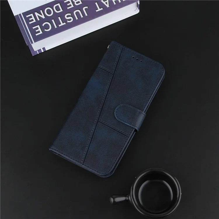 Concise Splicing Leather Phone Cover Case with Wallet Stand for Xiaomi Redmi Note 9S/9 Pro/9 Pro Max - Blue