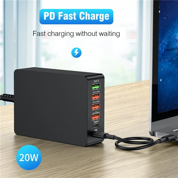 Multi-puerto USB QC3.0 Charger Type-C PD20W Teléfono Tableta Bluetooth Auricular de Carga Rápida Adaptador de Energía de Carga - Enchufe de la ue