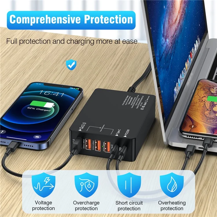 Carregador Multissaída USB QC3.0 Tipo-C PD20W para Telefone Tablet Fone de Ouvido Bluetooth Carregamento Rápido - Plugue Europeu