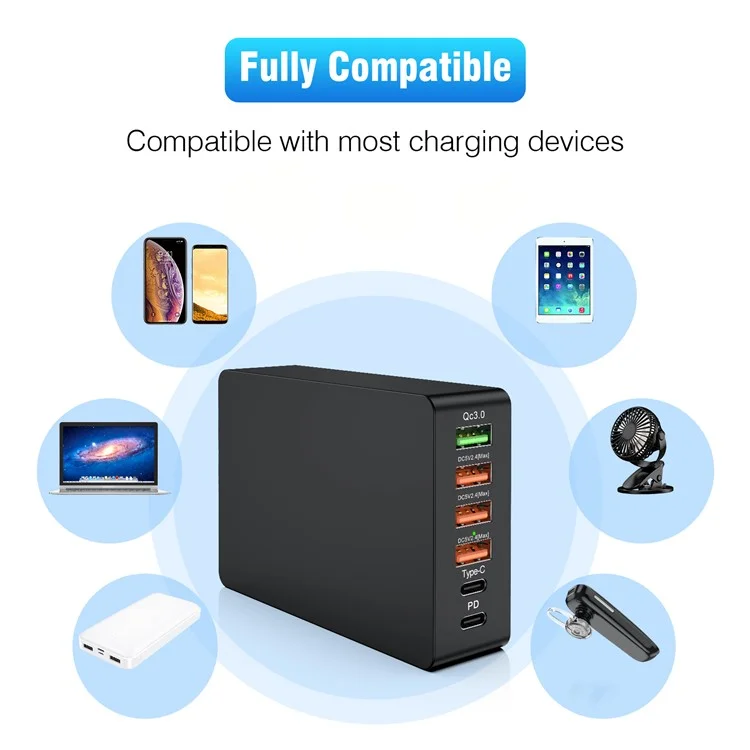 Multi-port USB QC3.0 Charger Type-C PD20W Phone Tablet Bluetooth Earphone Fast Charging Power Adapter - EU Plug