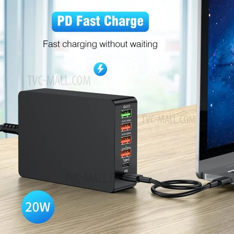 Multi-puerto USB QC3.0 Charger Type-C PD20W Teléfono Tableta Bluetooth Auricular de Carga Rápida Adaptador de Energía de Carga - au Tapón