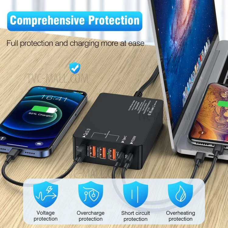 Multi-port USB QC3.0 Charger Type-C PD20W Tablette Bluetooth Ecoutphone Fast Charging Power Adaptateur - Bouchon AU