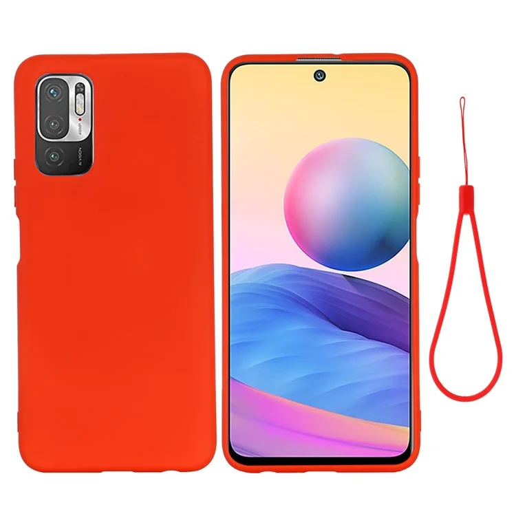 Solid Color Liquid Silicone Soft Phone Case Protective Shell with Strap for Xiaomi Poco M3 Pro 5G/Redmi Note 10 5G/10T 5G - Red