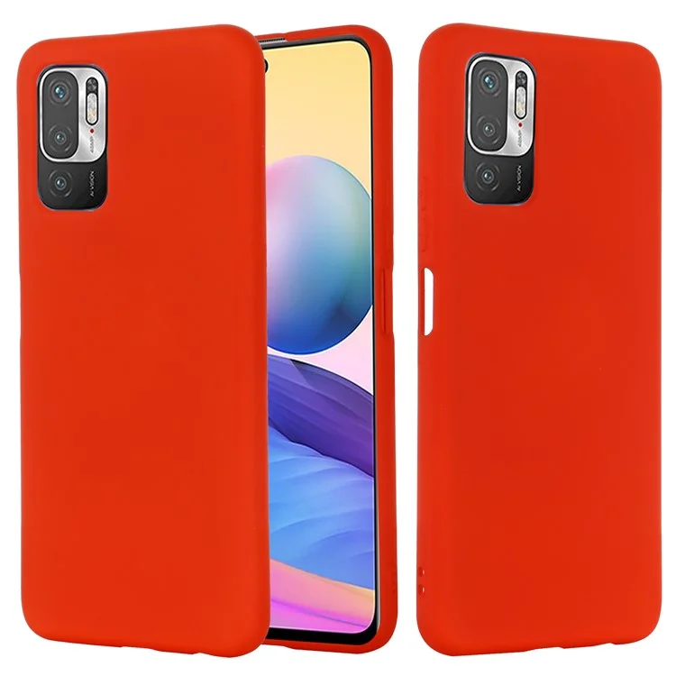 Solid Color Liquid Silicone Soft Phone Case Protective Shell with Strap for Xiaomi Poco M3 Pro 5G/Redmi Note 10 5G/10T 5G - Red