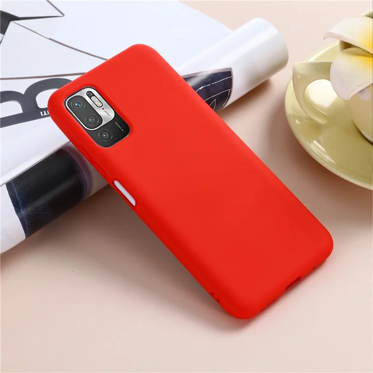 Solid Color Liquid Silicone Soft Phone Case Protective Shell with Strap for Xiaomi Poco M3 Pro 5G/Redmi Note 10 5G/10T 5G - Red