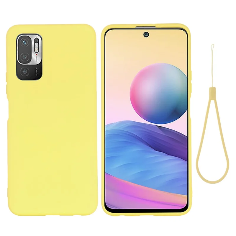 Solid Color Liquid Silicone Soft Phone Case Protective Shell with Strap for Xiaomi Poco M3 Pro 5G/Redmi Note 10 5G/10T 5G - Yellow