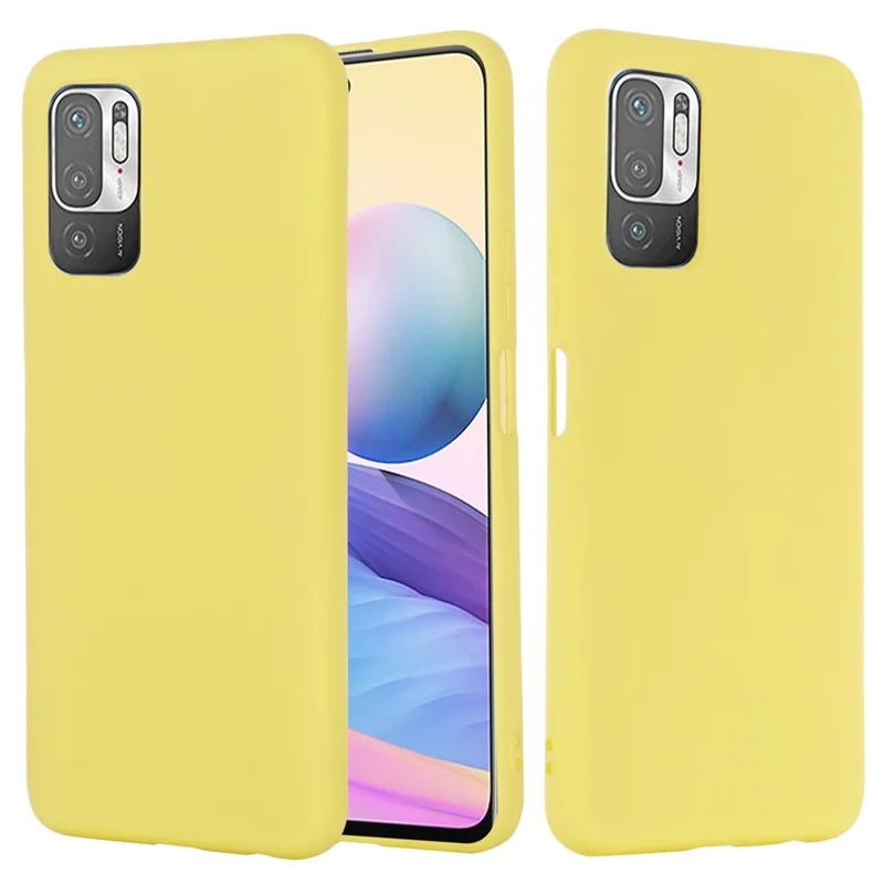 Solid Color Liquid Silicone Soft Phone Case Protective Shell with Strap for Xiaomi Poco M3 Pro 5G/Redmi Note 10 5G/10T 5G - Yellow