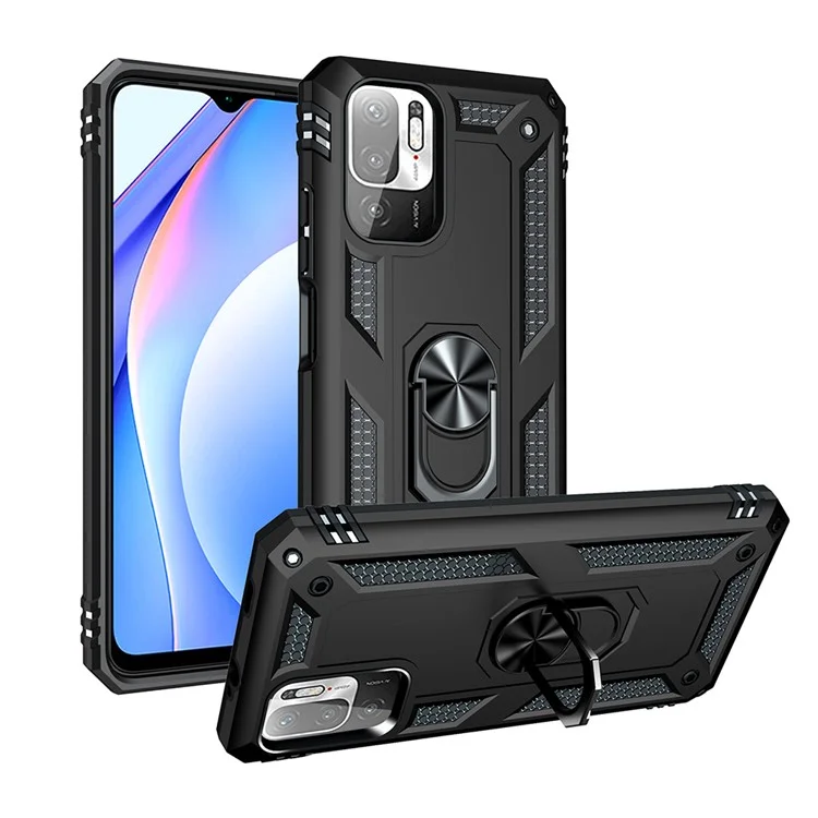 Anti-drop PC + TPU Combo Hybrid Phone Shell Com Anel Kickstand Para Xiaomi Redmi Note 10 5G - Preto