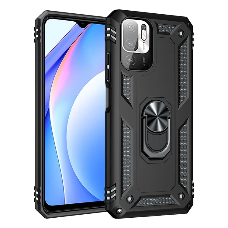 Anti-drop PC + TPU Combo Hybrid Phone Shell Com Anel Kickstand Para Xiaomi Redmi Note 10 5G - Preto