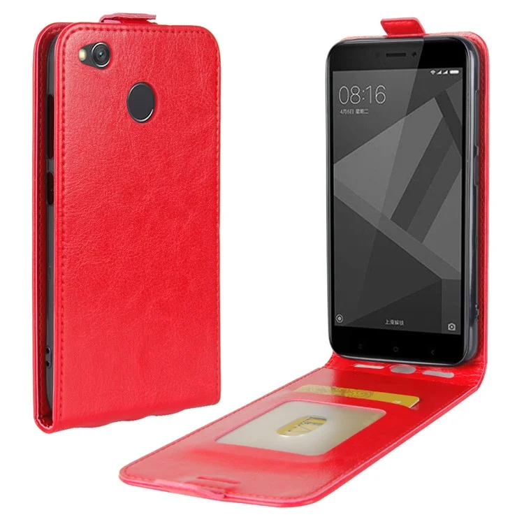 Crazy Horse Leather Vertical Card Slot Phone Case for Xiaomi Redmi 4X - Red