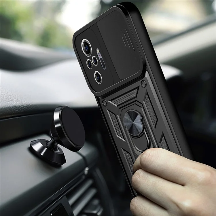 Funda híbrida de teléfono con funda deslizante resistente a los golpes y soporte con anillo para Xiaomi Redmi Note 10 Pro 4G (Global) / Note 10 Pro 4G (India) - Negro