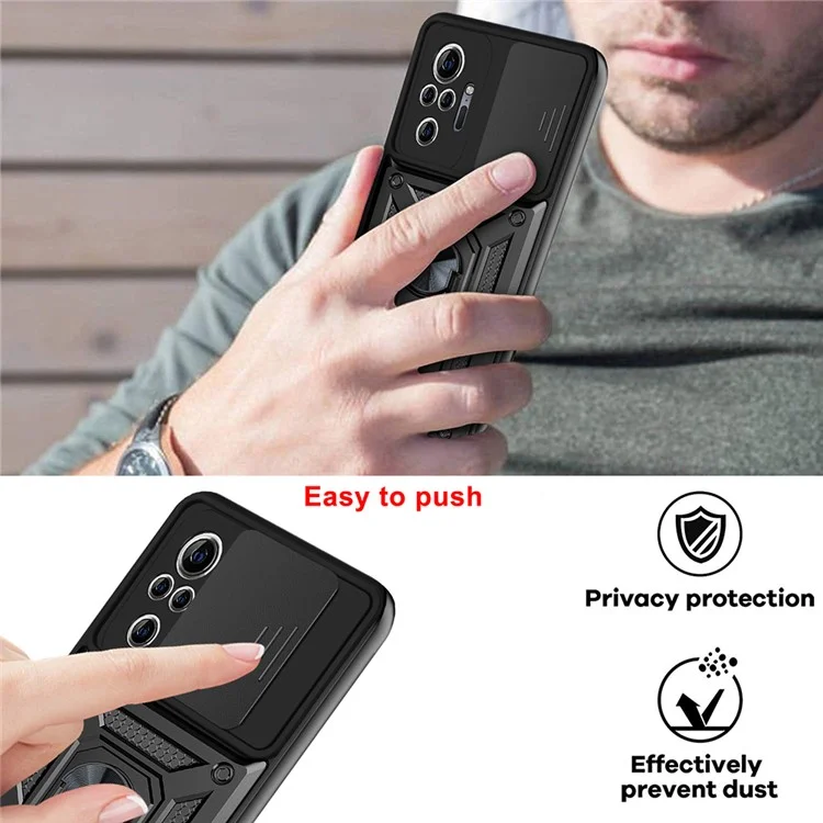 Shockproof Camera Slide Phone Hybrid Case Cover with Kickstand Ring Holder for Xiaomi Redmi Note 10 Pro 4G (Global) / Note 10 Pro 4G (India) - Black