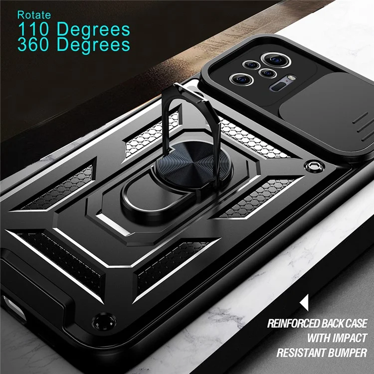 Funda híbrida de teléfono con funda deslizante resistente a los golpes y soporte con anillo para Xiaomi Redmi Note 10 Pro 4G (Global) / Note 10 Pro 4G (India) - Negro