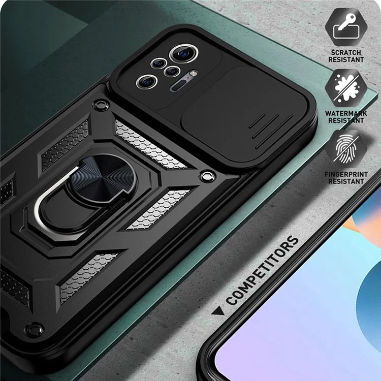 Shockproof Camera Slide Phone Hybrid Case Cover with Kickstand Ring Holder for Xiaomi Redmi Note 10 Pro 4G (Global) / Note 10 Pro 4G (India) - Black