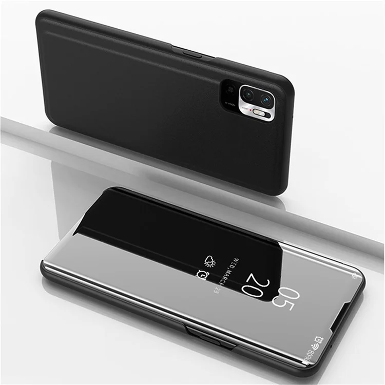 View Window Electroplated Mirror Surface Leather Cover Phone Stand Case for Xiaomi Poco M3 Pro 4G / 5G / Redmi Note 10 5G - Black