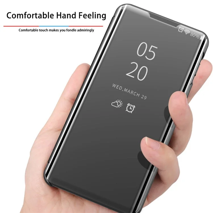 View Window Electroplated Mirror Surface Leather Cover Phone Stand Case for Xiaomi Poco M3 Pro 4G / 5G / Redmi Note 10 5G - Black