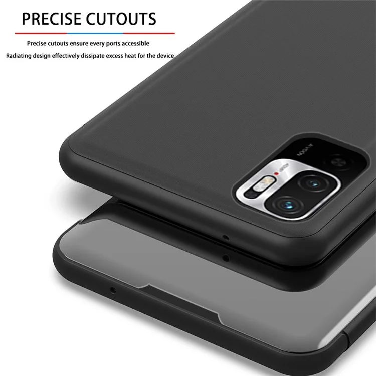 View Window Electroplated Mirror Surface Leather Cover Phone Stand Case for Xiaomi Poco M3 Pro 4G / 5G / Redmi Note 10 5G - Black
