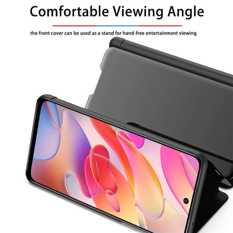 View Window Electroplated Mirror Surface Leather Cover Phone Stand Case for Xiaomi Poco M3 Pro 4G / 5G / Redmi Note 10 5G - Black