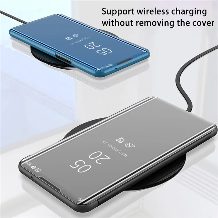 View Window Electroplated Mirror Surface Leather Cover Phone Stand Case for Xiaomi Poco M3 Pro 4G / 5G / Redmi Note 10 5G - Black