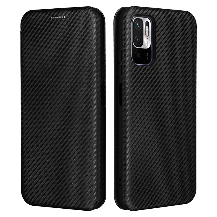 Custodia in pelle con texture in fibra di carbonio e slot per schede con cinturino ad anello per Xiaomi Redmi Note 10 5G/Poco M3 Pro 4G/5G - Nero