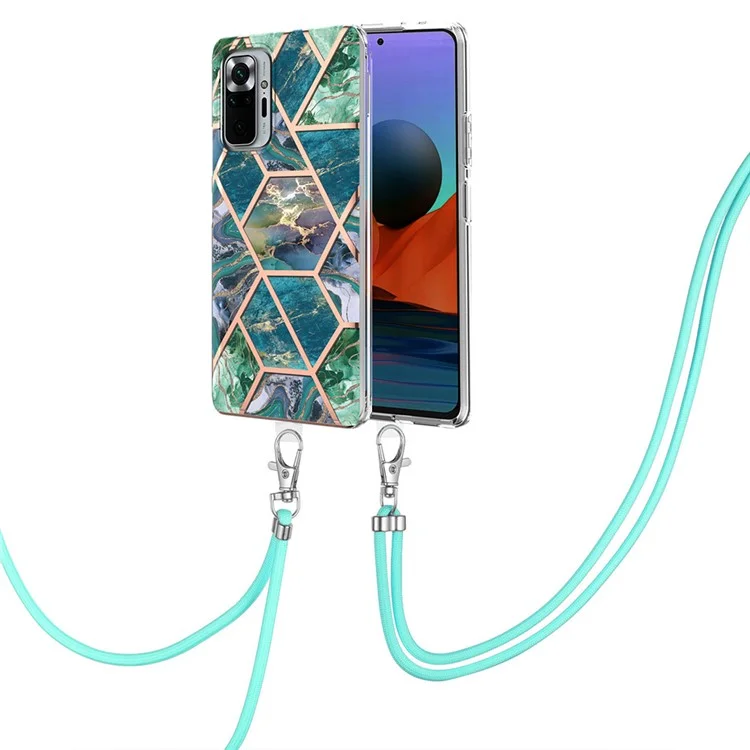 Marble Pattern Splicing (2.0mm) IMD Elektroplattierung stoßfeste weiche TPU mit Tragriemen für Xiaomi Redmi Note 10 Pro 4G (Global) / Note 10 Pro 4G (Indien) / Note 10 Pro Max - Blau/Grün