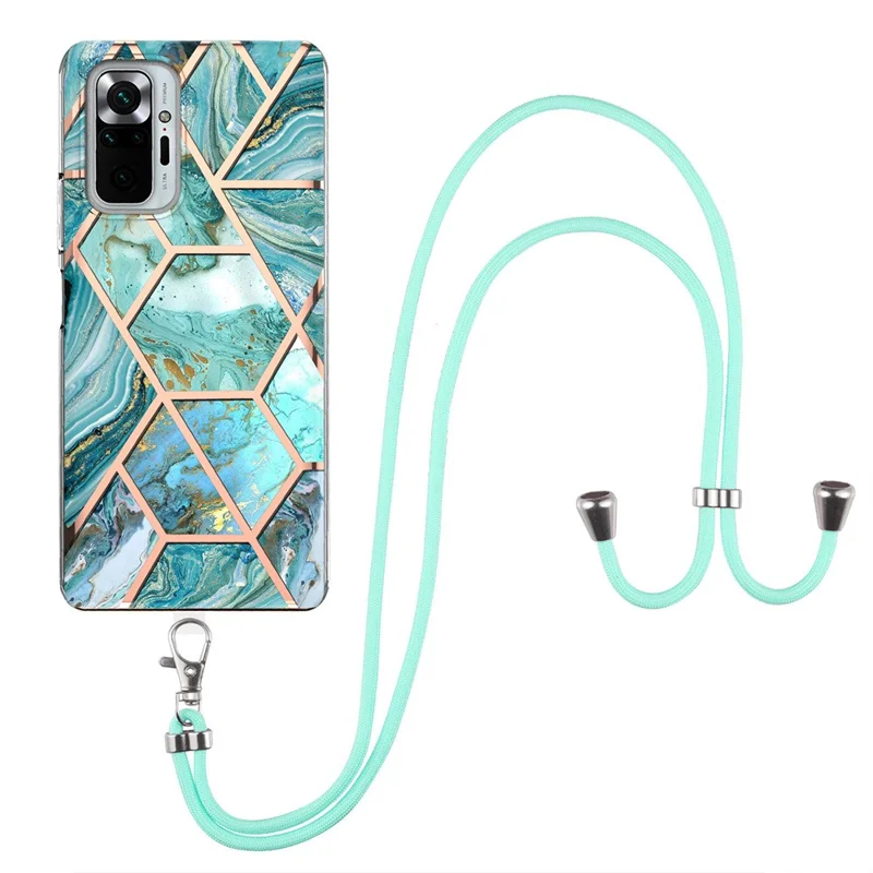 Splicing Marble Pattern (2.0mm) IMD Electroplating Shockproof Soft TPU with Lanyard Strap for Xiaomi Redmi Note 10 Pro 4G (Global) / Note 10 Pro 4G (India) / Note 10 Pro Max - Blue