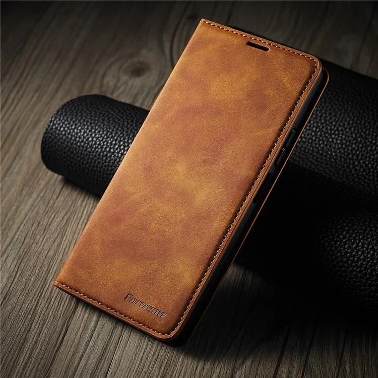 Coquille Portefeuille En Cuir Tactile Silky Touch Série Forwenw Fantasy Pour Xiaomi Redmi Note 10S / Note 10 4G - Marron