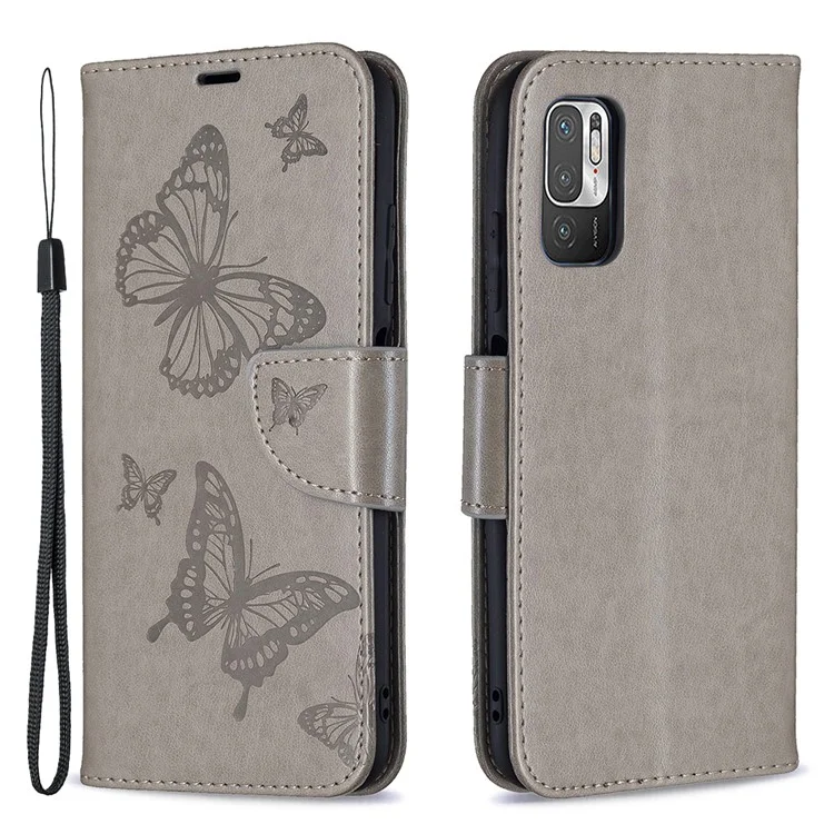 Custodia a portafoglio protettiva in pelle con motivo a farfalla Imprint per Xiaomi Redmi Note 10 5G / Poco M3 Pro 5G /4G - Grigio