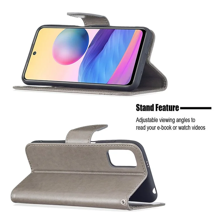 Custodia a portafoglio protettiva in pelle con motivo a farfalla Imprint per Xiaomi Redmi Note 10 5G / Poco M3 Pro 5G /4G - Grigio