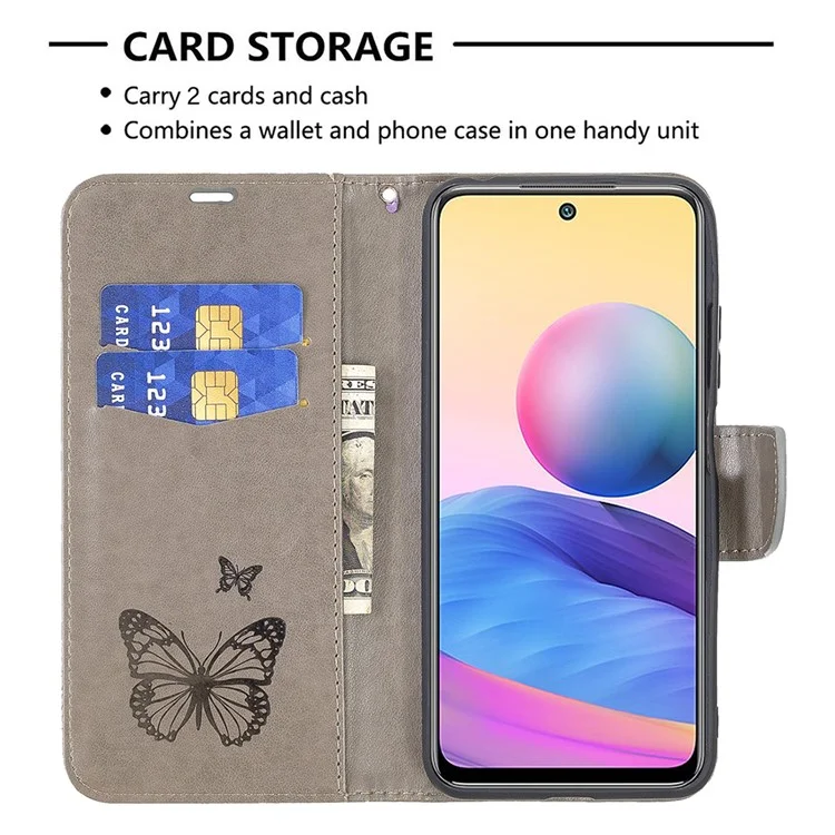 Custodia a portafoglio protettiva in pelle con motivo a farfalla Imprint per Xiaomi Redmi Note 10 5G / Poco M3 Pro 5G /4G - Grigio