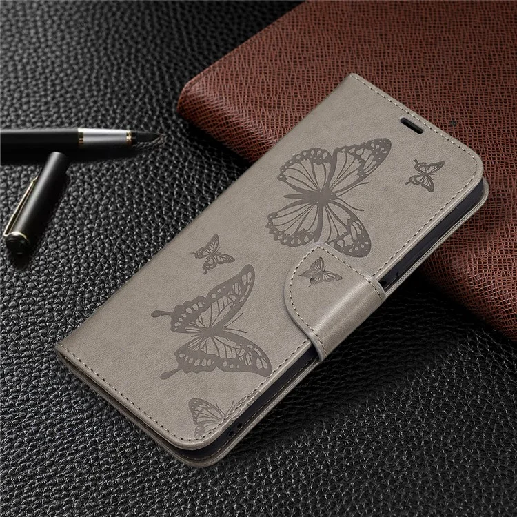 Custodia a portafoglio protettiva in pelle con motivo a farfalla Imprint per Xiaomi Redmi Note 10 5G / Poco M3 Pro 5G /4G - Grigio