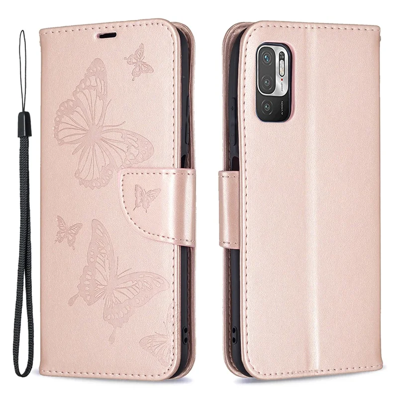 Imprint Butterfly Pattern Leather Shockproof Protective Flip Folio Wallet Case for Xiaomi Redmi Note 10 5G / Poco M3 Pro 5G  / 4G - Gold
