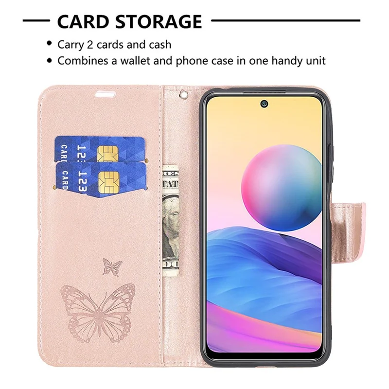 Imprint Butterfly Pattern Leather Shockproof Protective Flip Folio Wallet Case for Xiaomi Redmi Note 10 5G / Poco M3 Pro 5G  / 4G - Gold