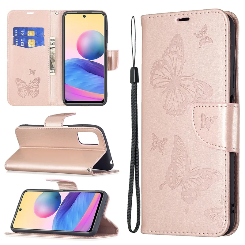 Imprint Butterfly Pattern Leather Shockproof Protective Flip Folio Wallet Case for Xiaomi Redmi Note 10 5G / Poco M3 Pro 5G  / 4G - Gold
