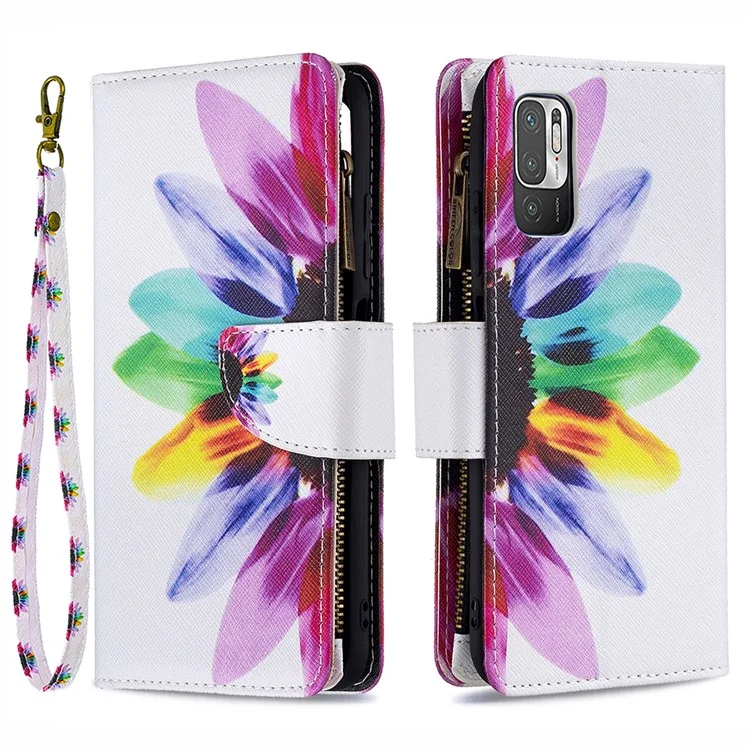 Pattern Printing Zipper Wallet Case Cover with Strap for Xiaomi Redmi Note 10 5G / Poco M3 Pro 5G / 4G - Sunflower