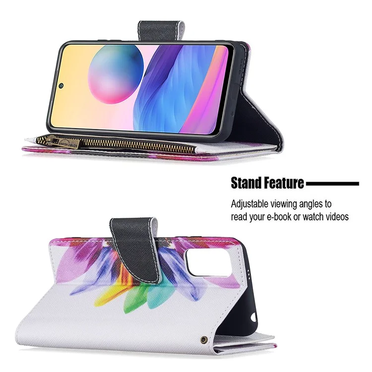 Pattern Printing Zipper Wallet Case Cover with Strap for Xiaomi Redmi Note 10 5G / Poco M3 Pro 5G / 4G - Sunflower
